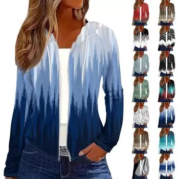 Женская мода повседневная застежка-молния с капюшоном и принтом с длинным рукавом толстовки пальто XXXL циан