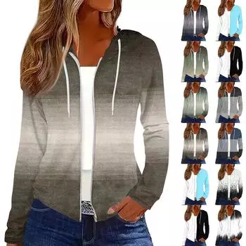 Женская мода повседневная застежка-молния с капюшоном и принтом с длинным рукавом толстовки пальто XXXL синий