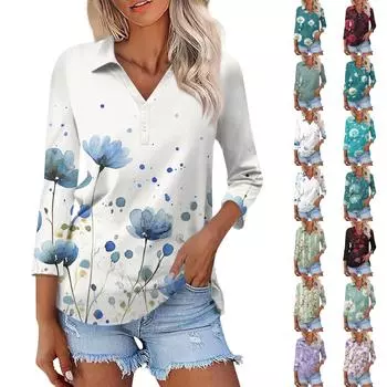 Женская мода повседневная застежка на пуговицы с рукавом семь четвертей и цветочным принтом на лацканах L армия зеленый