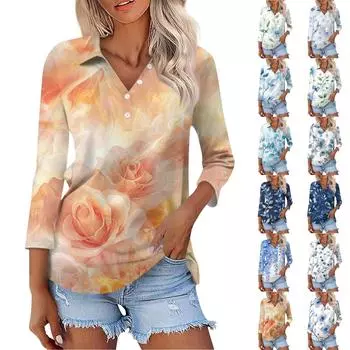 Женская мода повседневная застежка на пуговицы с рукавом семь четвертей и цветочным принтом на лацканах L армия зеленый