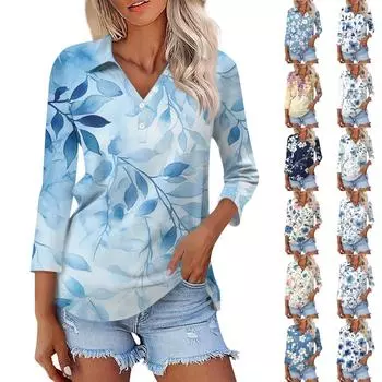 Женская мода повседневная застежка на пуговицы с рукавом семь четвертей и цветочным принтом на лацканах L бежевый