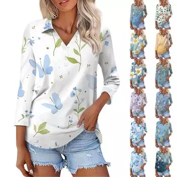 Женская мода повседневная застежка на пуговицы с рукавом семь четвертей и цветочным принтом на лацканах L синий