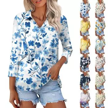 Женская мода повседневная застежка на пуговицы с рукавом семь четвертей и цветочным принтом на лацканах L бежевый