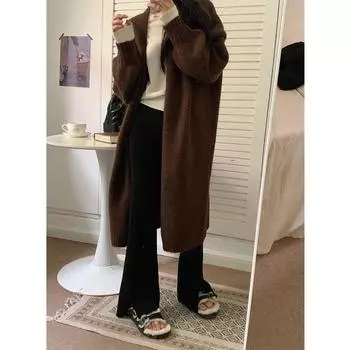 Женская мода повседневная зимняя винтажная однотонная длинная куртка свободного покроя с длинными рукавами One size кофейный