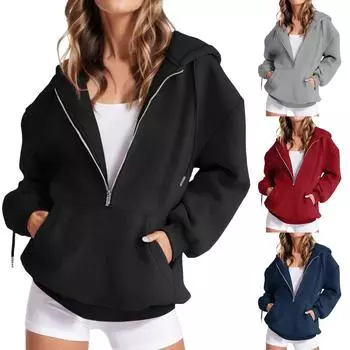Женская мода повседневное длинный рукав карман шнурок с капюшоном на молнии толстый пуловер толстовка