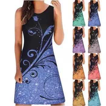Женская мода повседневное летнее платье без рукавов Slim Fit с принтом и круглым вырезом L синий