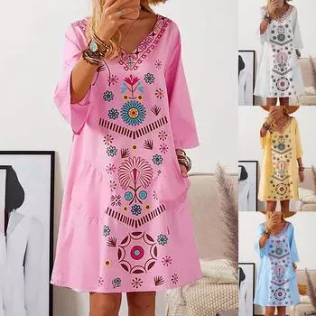 Женская мода повседневное летнее свободное платье с v-образным вырезом и коротким рукавом с принтом XXXL синий