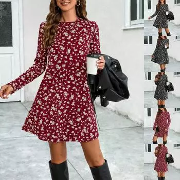 Женская мода повседневное мягкое платье с круглым вырезом и длинным рукавом с принтом L чёрный