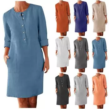 Женская мода повседневное однотонное платье-рубашка с длинным рукавом и карманом на пуговицах XXL