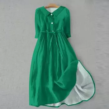 Женская мода повседневное однотонное платье с воротником с лацканами и рукавами 3/4 на бретелях L армия зеленый