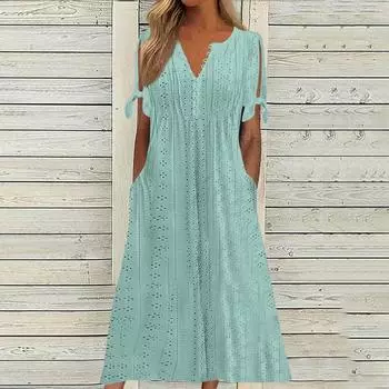 Женская мода повседневное однотонное платье с круглым вырезом и пуговицами с открытыми плечами и коротким рукавом с карманом L синий