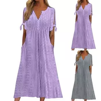 Женская мода повседневное однотонное платье с круглым вырезом и пуговицами с открытыми плечами и коротким рукавом с карманом L серый