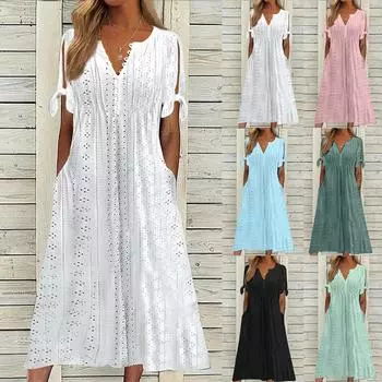 Женское модное повседневное однотонное платье с v-образным вырезом и пуговицами с открытыми плечами и коротким рукавом с карманом L чёрный