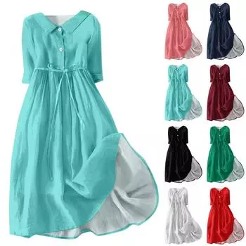 Женская мода повседневное однотонное платье с воротником с лацканами и рукавами 3/4 на бретелях L