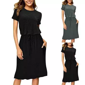 Женская мода повседневное однотонное платье с коротким рукавом и круглым вырезом с завязками на веревке L чёрный