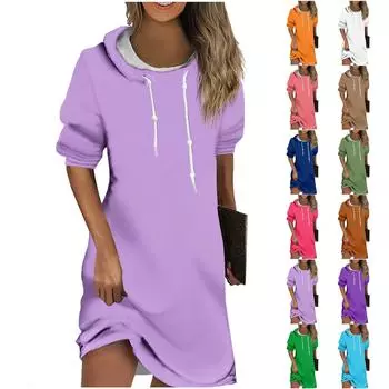 Женская мода повседневное однотонное платье-толстовка с капюшоном и длинным рукавом на шнуровке XXL синий