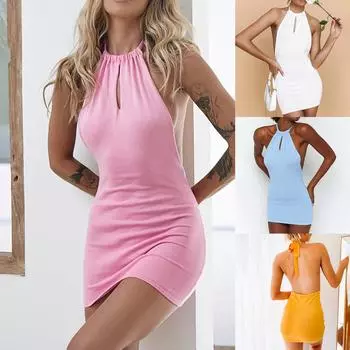 Женская мода повседневное однотонное сексуальное тонкое платье без рукавов с завязками на спине XL чёрный