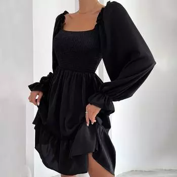 Женская мода повседневное однотонное свободное платье в стиле бохо с рюшами и длинными рукавами средней юбки L чёрный