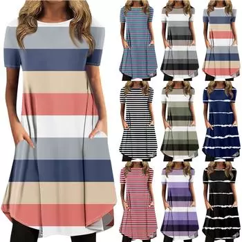 Женская мода повседневное печатное пуловер с круглым вырезом свободное платье с коротким рукавом