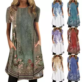 Женская мода повседневное печатное пуловер с круглым вырезом свободное платье с коротким рукавом