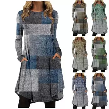 Женская мода повседневное печатное пуловер с круглым вырезом свободное платье с длинным рукавом L