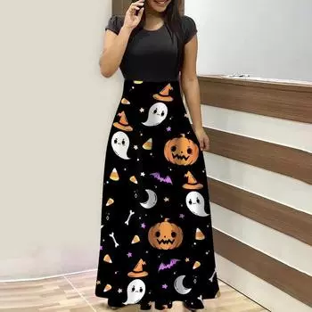 Женская мода повседневное платье длиной до пола с круглым вырезом и коротким рукавом с принтом Хэллоуина L чёрный