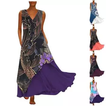 Женская мода повседневное платье из двух частей без рукавов с v-образным вырезом длинная юбка XXL чёрный