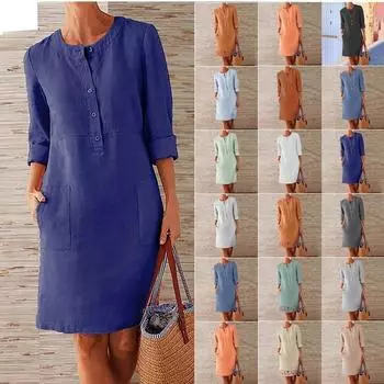 Женская мода повседневное платье-рубашка с длинным рукавом и карманом на пуговицах S