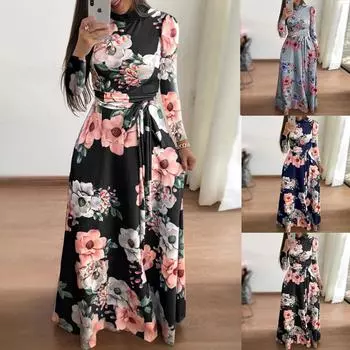 Женская мода повседневное платье с длинной юбкой и завязками с принтом L чёрный