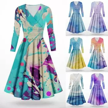 Женская мода повседневное платье с длинным рукавом и v-образным вырезом с принтом и карманами L синий