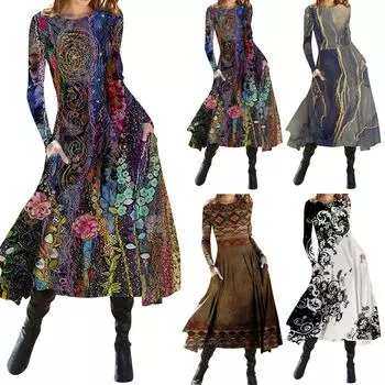 Женская мода повседневное платье с длинным рукавом и круглым вырезом с принтом L чёрный