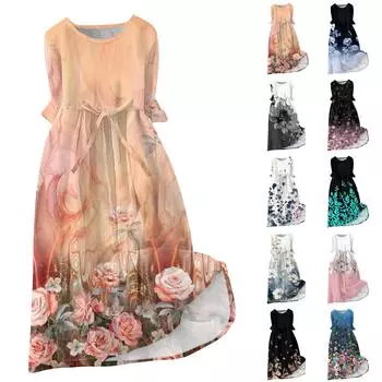 Женская мода повседневное платье с круглым вырезом и пуговицами с рукавами 3/4 и бретелями L чёрный