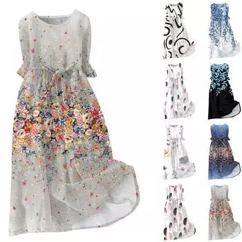 Женская мода повседневное платье с круглым вырезом и пуговицами с рукавами 3/4 и бретелями L бежевый