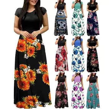 Женская мода Повседневное платье с круглым вырезом и короткими рукавами с принтом большого размера Длинные L чёрный