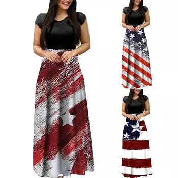 Женская мода Повседневное платье с круглым вырезом и короткими рукавами с принтом большого размера Длинные XXL синий