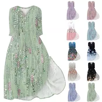 Женская мода повседневное платье с V-образным вырезом и рукавами 3/4 с принтом и бретелями L синий