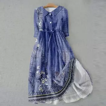 Женская мода повседневное платье с воротником на лацкане и пуговицами с рукавами 3/4 и бретелями L синий