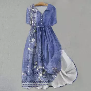 Женская мода повседневное платье с воротником с лацканами и короткими рукавами с принтом и ремнями L синий