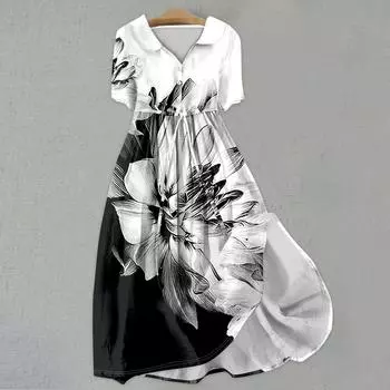 Женская мода повседневное платье с воротником с лацканами и короткими рукавами с принтом и ремнями L чёрный