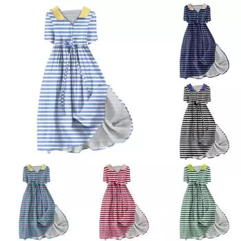 Женская мода повседневное платье с воротником с лацканами и короткими рукавами с принтом и ремнями L чёрный