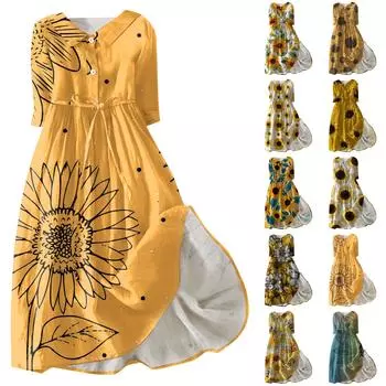 Женская мода повседневное платье с воротником на лацканах и пуговицами с рукавами 3/4 L синий