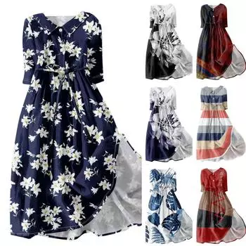 Женская мода повседневное платье с воротником на лацкане и пуговицами с рукавами 3/4 и бретелями S