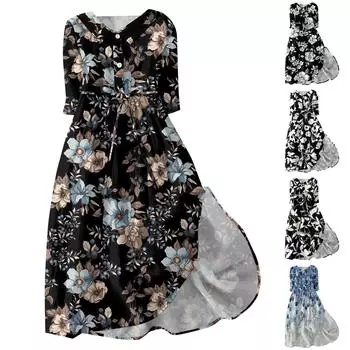 Женская мода повседневное платье с воротником на лацкане и пуговицами с рукавами 3/4 и бретелями L чёрный