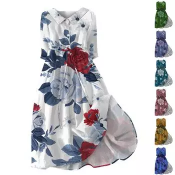 Женская мода повседневное платье с воротником на лацкане и пуговицами с рукавами 3/4 и бретелями L синий