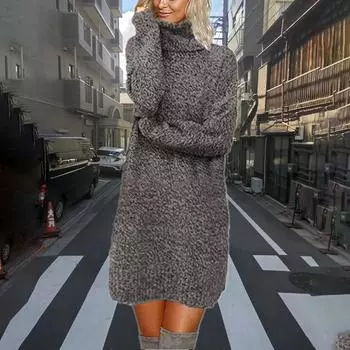 Женская мода повседневное платье-свитер средней длины с высоким воротом и длинным рукавом вязаный свитер L