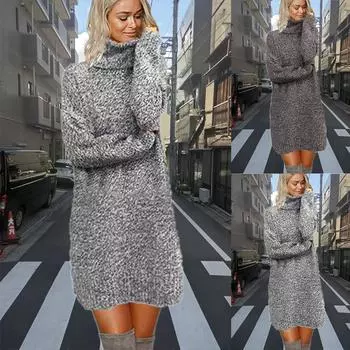 Женская мода повседневное платье-свитер средней длины с высоким воротом и длинным рукавом вязаный свитер M чёрный