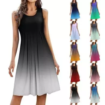 Женская мода повседневное плиссированное платье с короткой юбкой без рукавов с круглым вырезом и принтом L синий