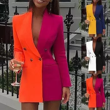 Женская мода повседневное приталенное платье-блейзер с цветными блоками в стиле пэчворк платье с длинным рукавом на пуговицах платье XXL