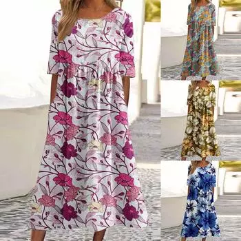 Женская мода повседневное пуловер с круглым вырезом и принтом с коротким рукавом свободное платье L синий