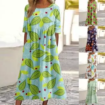 Женская мода повседневное пуловер с круглым вырезом и принтом с коротким рукавом свободное платье L